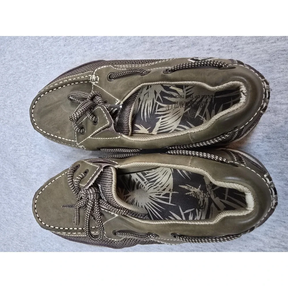 Margaritaville Mens Boat Shoes Size 8 Brown Leather Mesh Loafers Palm Tree Logo